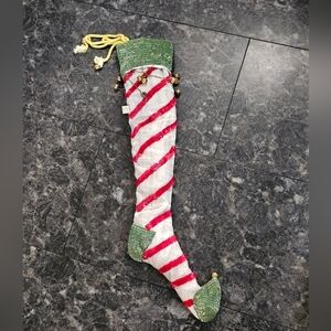 Wayne M Kleski Beaded Large Christmas Jester Elf Bell Stocking 25" Candy Cane